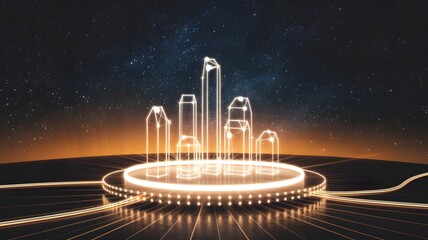 Radiant startup launch platform: A glowing platform with light beams shooting upward, symbolizing a company’s ambitious beginnings.