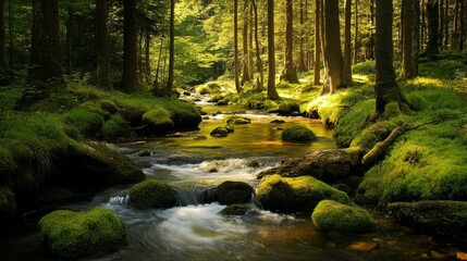 Obraz premium Sunlight streams through a forest creek