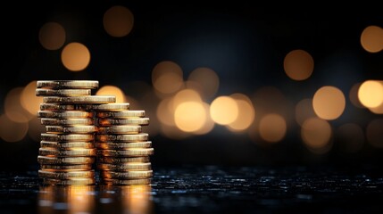 A stack of gold coins sitting on top of a table