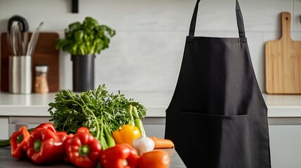 A clean photo of a chef apron styled on a sleek countertop with fresh vegetables. background