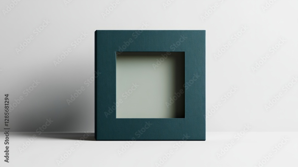 Poster hanger box packaging in dark teal with a rectangular window, minimalistic design on a pure white bac