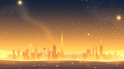 Golden City Skyline At Twilight With Starry Sky And Glowing Horizon


