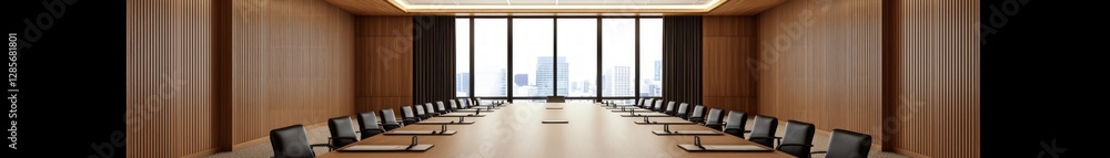 Poster modern elegant boardroom with large windows and urban skyline view