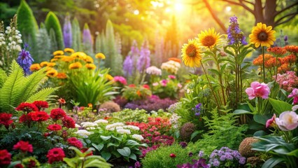 Naklejka premium Vibrant Summer Garden Bloom A Sunlit Tapestry of Colorful Flowers and Lush Greenery