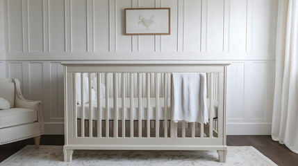 Elegant White Nursery Interior with Minimalist Crib and Cozy Decor : Generative AI
