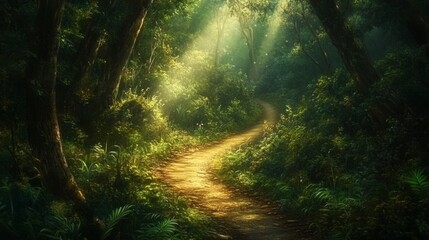 Obraz premium Sunlit Path Winding Through Lush Forest. Possible Use Stock photo for nature, travel, or fantasy themes