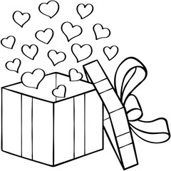 heart floating out of gift box with bow represents surprise for lover outline style