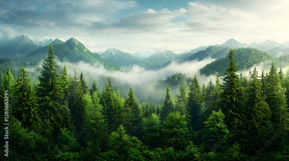 Poster breathtaking panoramic landscape of a vast lush evergreen forest stretching across rolling hills wit