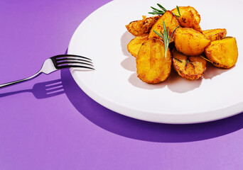 Crispy roasted potatoes served on a white plate with a fork