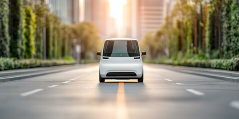 Obraz premium White van traveling along a bustling city street surrounded by urban life