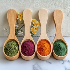 Three beautiful wooden spoons filled with vibrant colored powders on a rustic background
