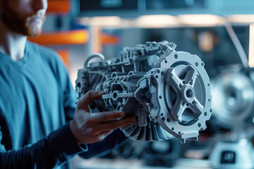 Mechanical Engineer Examining 3D Printed Miniature Working Engine Model
