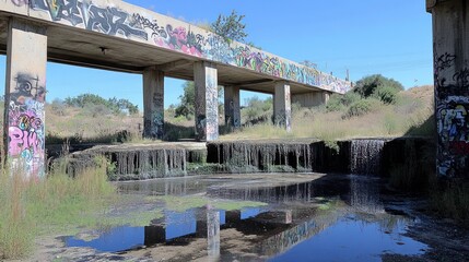Graffiti-Covered Bridge Over Small Waterfall and Pool