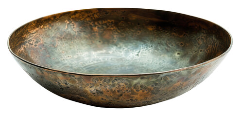 Fototapeta premium A large round metal bowl with an antique look, isolated on a empty background, captured with sharp focus under studio lighting.