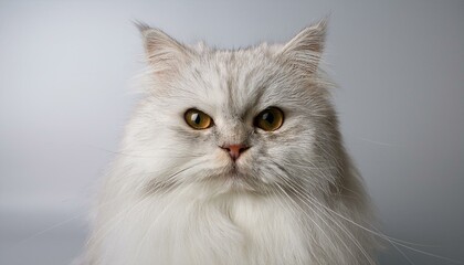 ソフトなグレー背景に優雅なペルシャ猫が穏やかな微笑みを浮かべ、落ち着いた雰囲気を醸し出す
