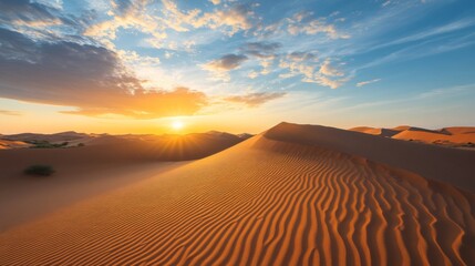 Sunrise over desert dunes, vast landscape, golden hour. Possible use Stock photo for travel or nature advertisement