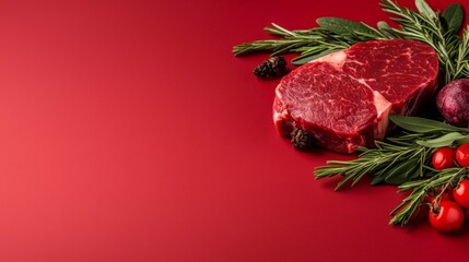 A piece of meat on a red background surrounded by vegetables