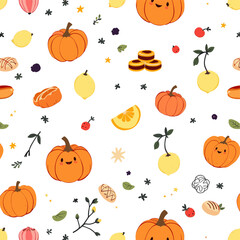 A seamless pattern of orange pumpkins, lemons, berries, and bread, with leaves and flowers scattered throughout.