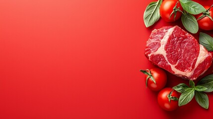 A piece of meat with tomatoes and basil on a red background