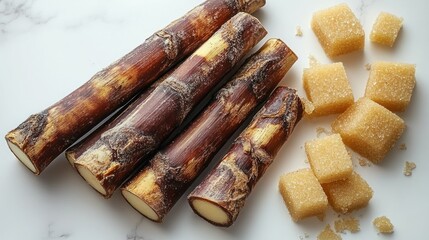 Sugar cane stalks and brown sugar cubes on marble