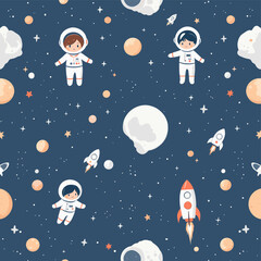 three cartoon astronauts floating in space, with two planets and two rockets in the background.