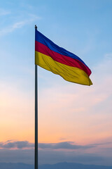 Vibrant National Flag against Tranquil Sunrise Sky : Generative AI