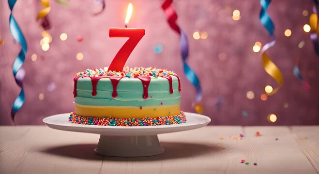 7th birthday celebration cake, with candles in the shape of the number 7
