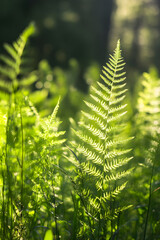 Sunlight Illuminating Fern Leaves in a Lush Green Forest : Generative AI