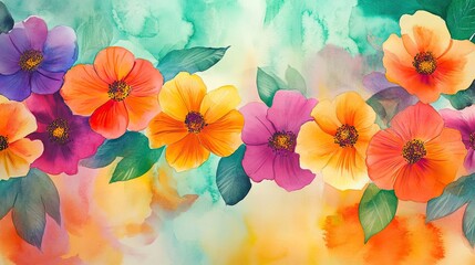 Bright, colorful floral border design with watercolor effects, perfect for spring events, floral packaging, or vibrant greeting cards. --