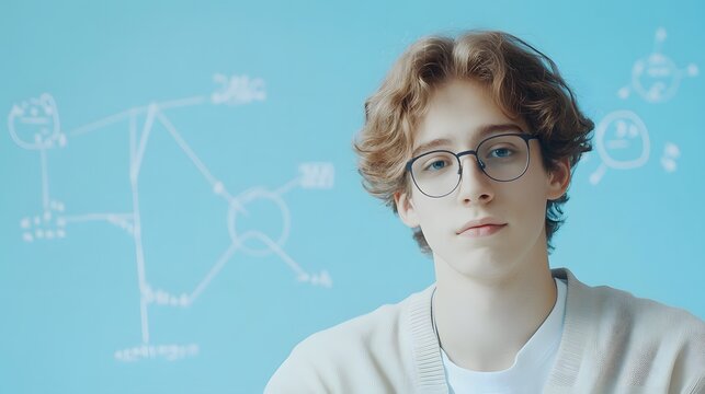 Young Creative Student in Front of Blue Wall with Mathematical Sketches