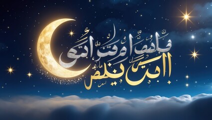 Celestial Night Sky with Arabic Calligraphy and Crescent Moon