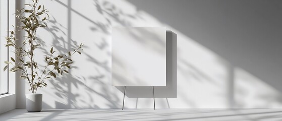 Blank canvas on easel, sunlit room, plant, mockup