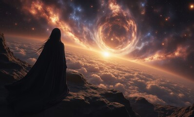 Woman gazing at cosmic sunrise