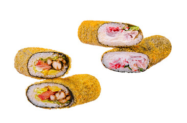 Crispy rolled sushi with various fillings on white