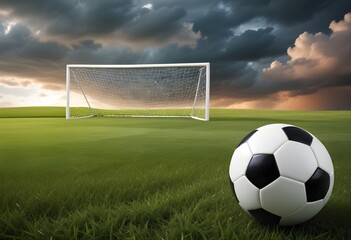 A soccer ball on a grassy field with a soccer goal in the background and a dramatic cloudy sky