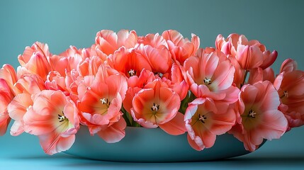 Sweet Easter arrangement Top view of lush pink tulips appearing from oval aperture on light blue background with blank area for greetings.