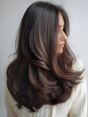 Naklejka premium Elegant Brown Long Hair Woman in White Sweater with Soft Makeover : Generative AI
