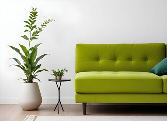 Fototapeta premium A modern sofa in a minimalist living room setting, with a vase of green plants and a wall in the background