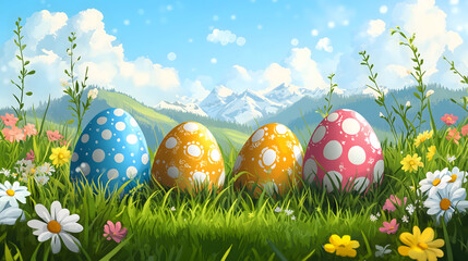 Three Colorful Easter Eggs on Grass with Blue Sky and Mountains