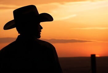 A silhouette of a man wearing a cowboy hat against a vibrant sunset sky