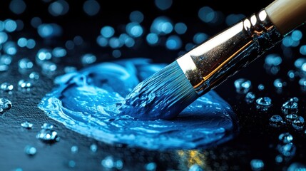 Fototapeta premium Blue paintbrush stroke on dark surface with water droplets