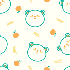 Seamless pattern cute bear head and oranges. Childish cartoon animals background. Design for fabric, wrapping, textile, wallpaper, apparel, pajamas, card, wrapping, stationary, phone cases.