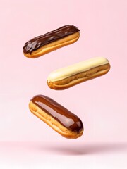 Three floating éclairs with glossy chocolate, vanilla, and caramel glazes, elegantly arranged against a pastel pink background for a refined dessert look.