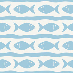 Vector marine background. Hand-drawn cartoon fish and waves in blue colors on white background. Seamless nautical pattern with fish design element for wallpapers, cards, scrapbooking, fabric print.