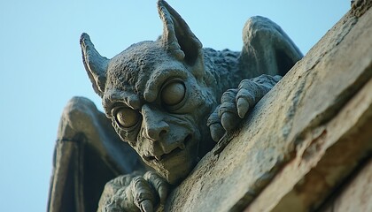 A stone gargoyle sits on a weathered building ledge