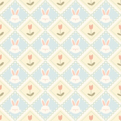 Cartoon rabbit or bunny and flower in square vector seamless pattern. Pastel color Easter holiday for clothing, textiles, card, stationery, phone cases, paper gifts, wallpaper, background.