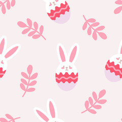 Colorful cute easter rabbit eggs and leaves seamless pattern vector for easter holidays flat vector illustration. Doodle vector easter egg.