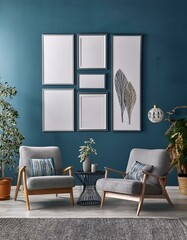 Framed mockup posters in apartment living room design interior, grey modern furniture, blue wall, stone floor, two armchairs. Concept of relax.
