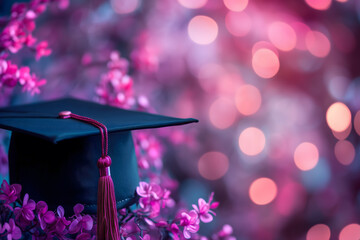 Graduation Cap with Tassel on Pink Petals Background