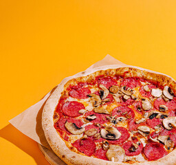 Freshly baked pepperoni and mushroom pizza on vibrant backdrop